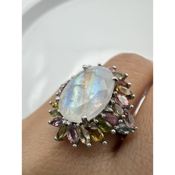 Stunning 925 sterling silver genuine rainbow moonstone tourmaline ring size 7 - Picture 4 of 8